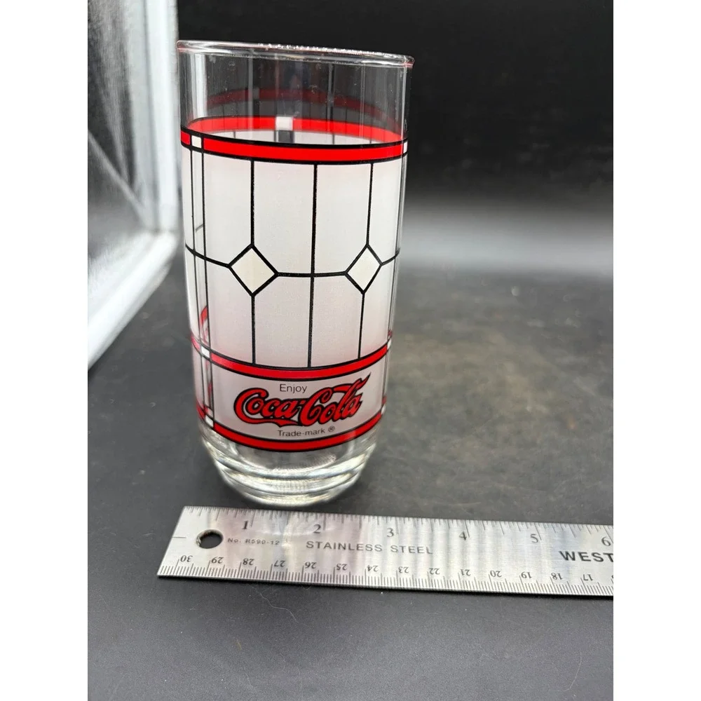 Vintage Coca-Cola Stained Glass Pattern Drinking Glass Tumbler Frosted 6 Inch